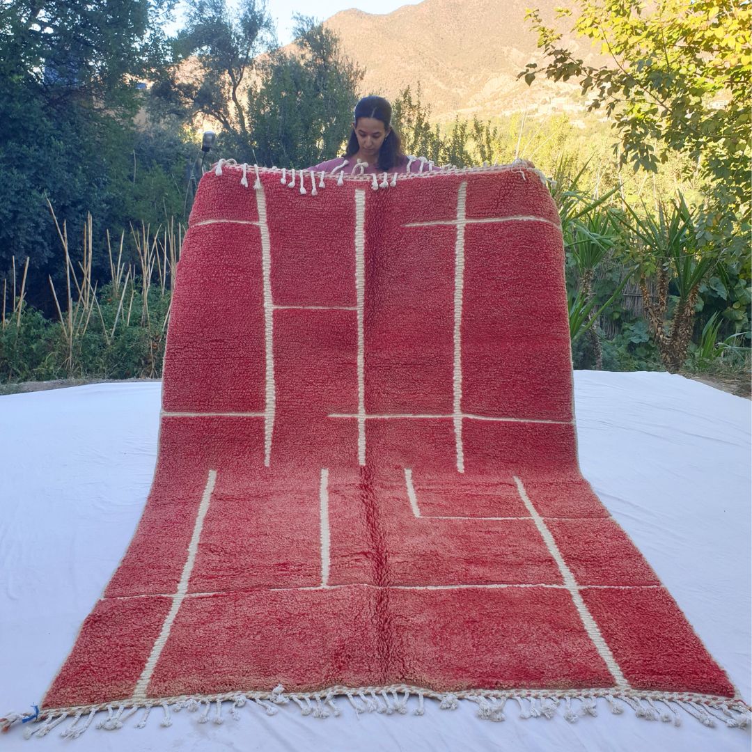 Bold red Beni Ourain shag rug 6x9 ft with white geometric grid pattern – handwoven Moroccan wool berber carpet
