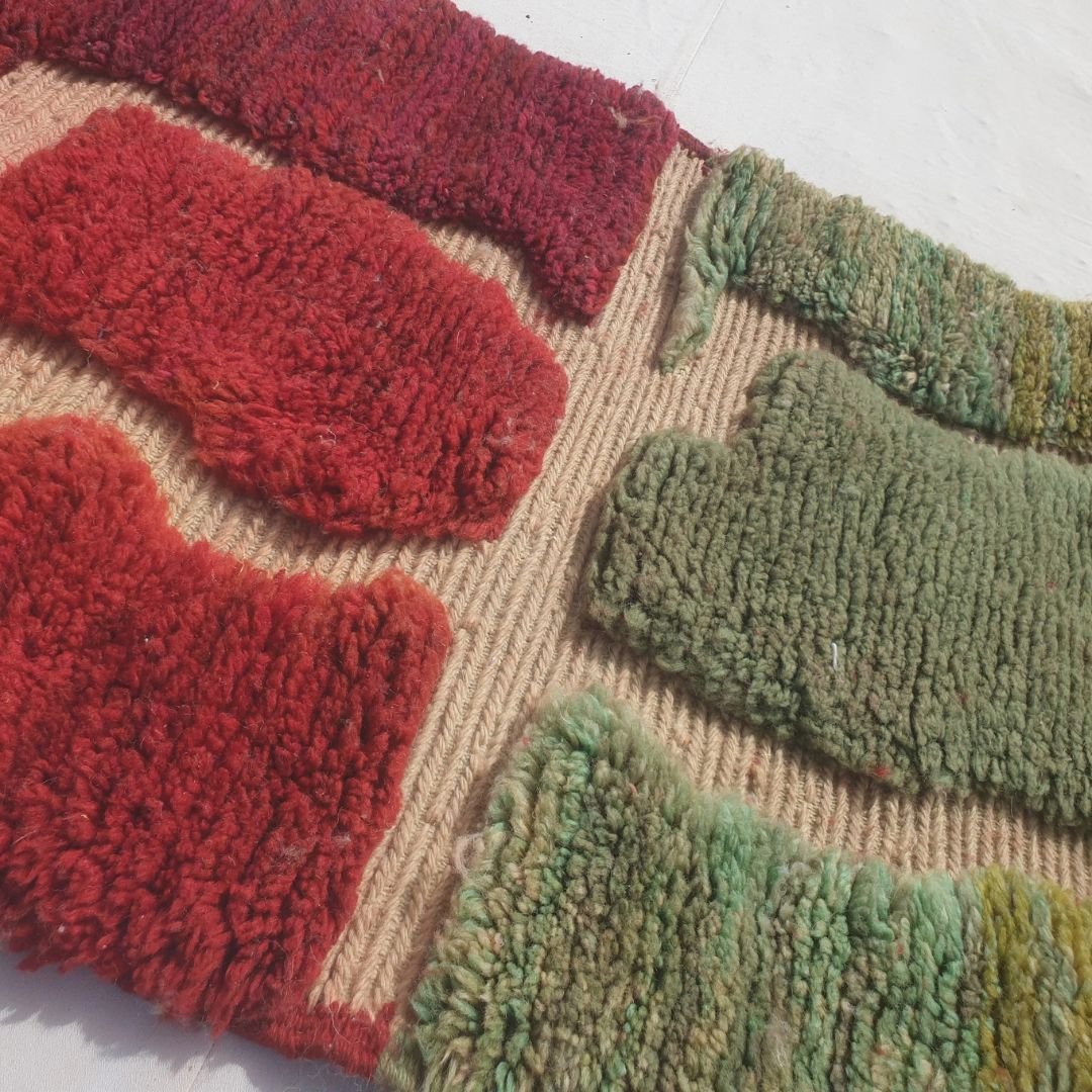Hafatina - Beni Mrirt Runner Rug in Crimson Red and Sage Green with Wavy Colour Blocks - Handwoven Berber Carpet | 2'5"x9'7" Ft | 75x294 cm - OunizZ