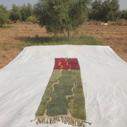 Hafatina - Beni Mrirt Runner Rug in Crimson Red and Sage Green with Wavy Colour Blocks - Handwoven Berber Carpet | 2'5"x9'7" Ft | 75x294 cm - OunizZ