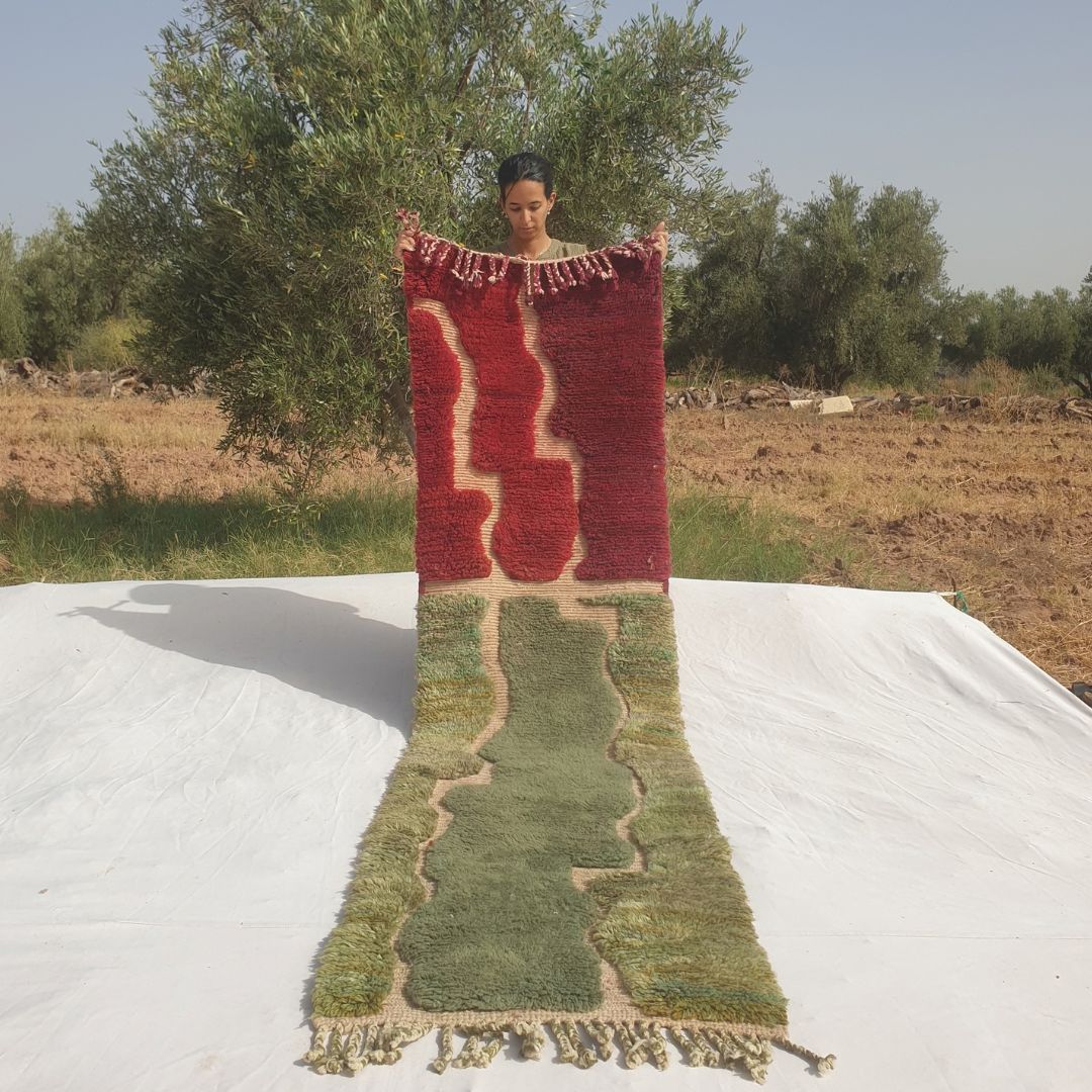 Hafatina - Beni Mrirt Runner Rug in Crimson Red and Sage Green with Wavy Colour Blocks - Handwoven Berber Carpet | 2'5"x9'7" Ft | 75x294 cm - OunizZ