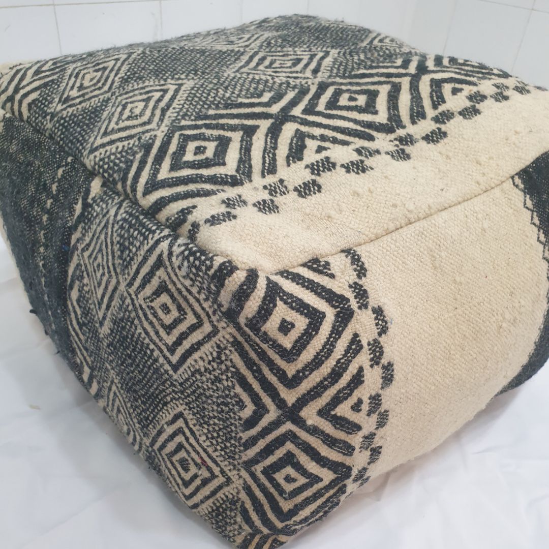 Handmade Moroccan Wool Floor Cushion – Geometric Wool Pouf | 24"x24"x16" inch - OunizZ