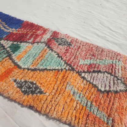 Hayada - Bold Color-Block Moroccan Runner Rug with a Spine of Five Black-Outlined Diamonds on Blue, Orange, Red and Mint Fields - Handwoven Berber Carpet | 2'2"x10'3" Ft | 66x312 cm - OunizZ