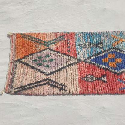 Hayada - Bold Color-Block Moroccan Runner Rug with a Spine of Five Black-Outlined Diamonds on Blue, Orange, Red and Mint Fields - Handwoven Berber Carpet | 2'2"x10'3" Ft | 66x312 cm - OunizZ