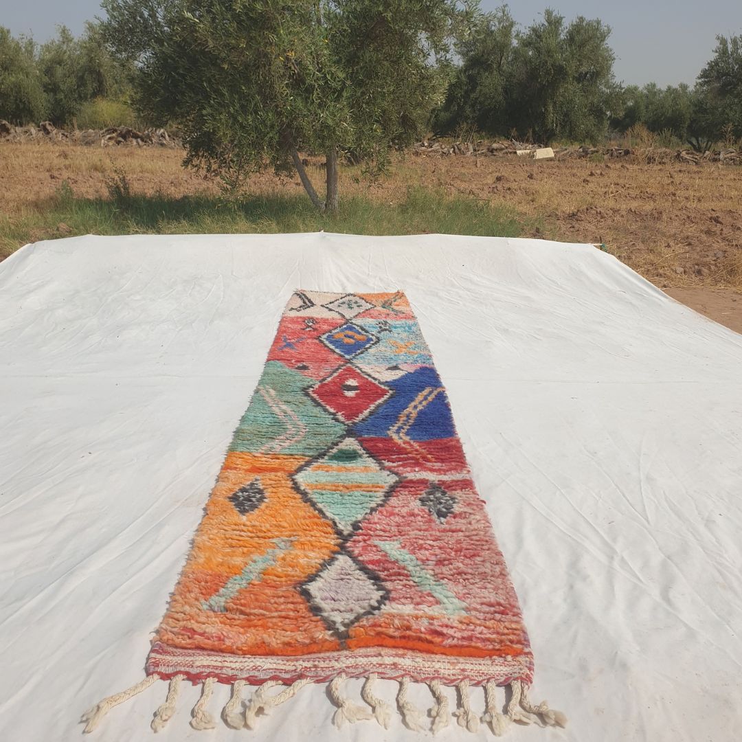 Hayada - Bold Color-Block Moroccan Runner Rug with a Spine of Five Black-Outlined Diamonds on Blue, Orange, Red and Mint Fields - Handwoven Berber Carpet | 2'2"x10'3" Ft | 66x312 cm - OunizZ