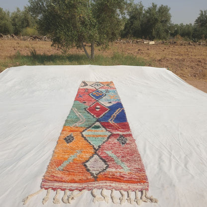 Hayada - Bold Color-Block Moroccan Runner Rug with a Spine of Five Black-Outlined Diamonds on Blue, Orange, Red and Mint Fields - Handwoven Berber Carpet | 2'2"x10'3" Ft | 66x312 cm - OunizZ