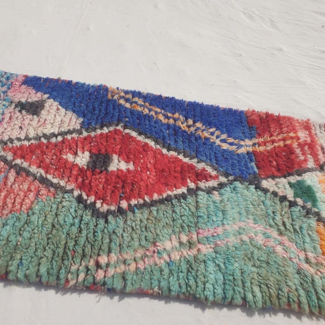 Hayada - Bold Color-Block Moroccan Runner Rug with a Spine of Five Black-Outlined Diamonds on Blue, Orange, Red and Mint Fields - Handwoven Berber Carpet | 2'2"x10'3" Ft | 66x312 cm - OunizZ