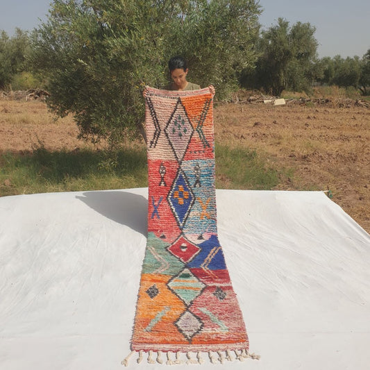 Hayada - Bold Color-Block Moroccan Runner Rug with a Spine of Five Black-Outlined Diamonds on Blue, Orange, Red and Mint Fields - Handwoven Berber Carpet | 2'2"x10'3" Ft | 66x312 cm - OunizZ