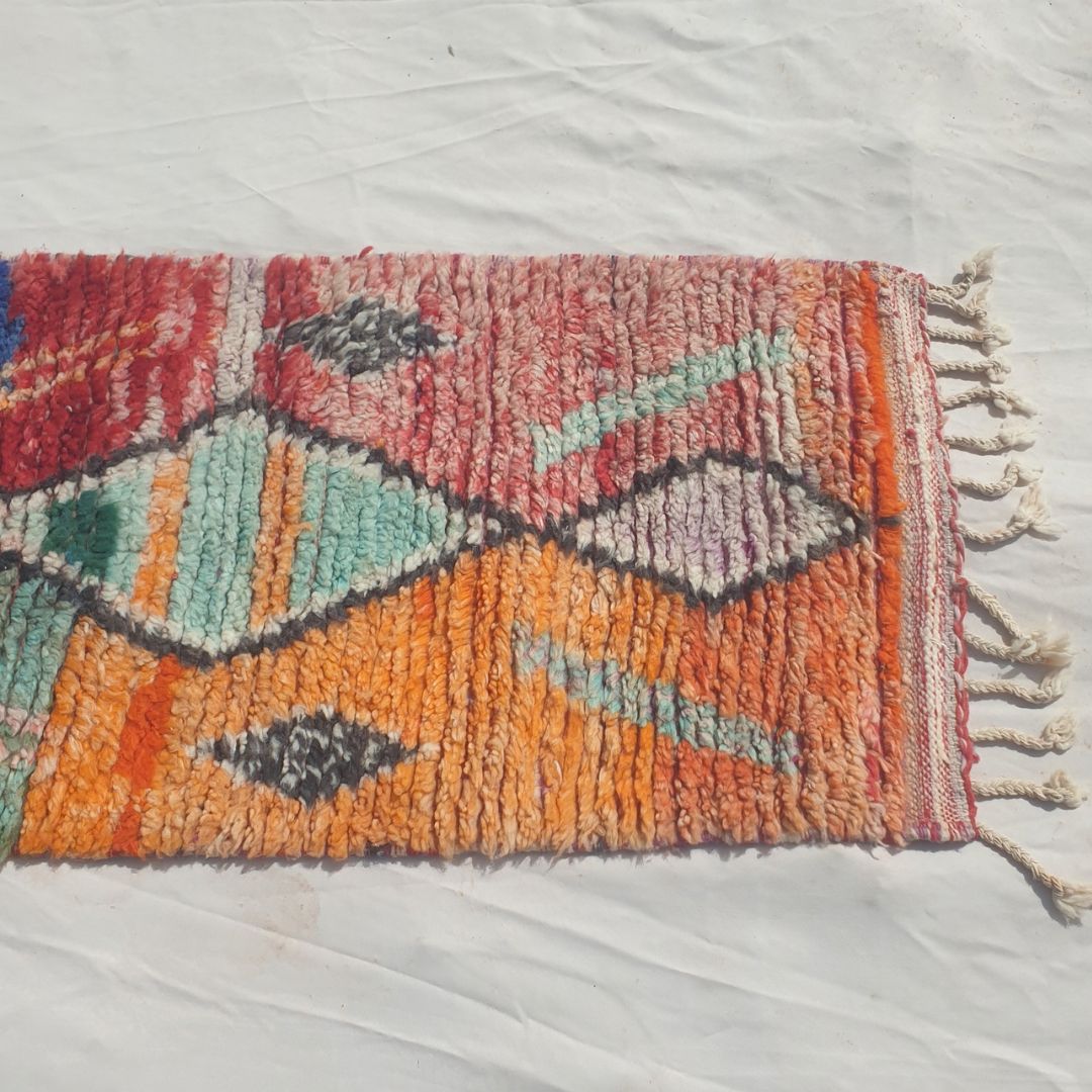Hayada - Bold Color-Block Moroccan Runner Rug with a Spine of Five Black-Outlined Diamonds on Blue, Orange, Red and Mint Fields - Handwoven Berber Carpet | 2'2"x10'3" Ft | 66x312 cm - OunizZ