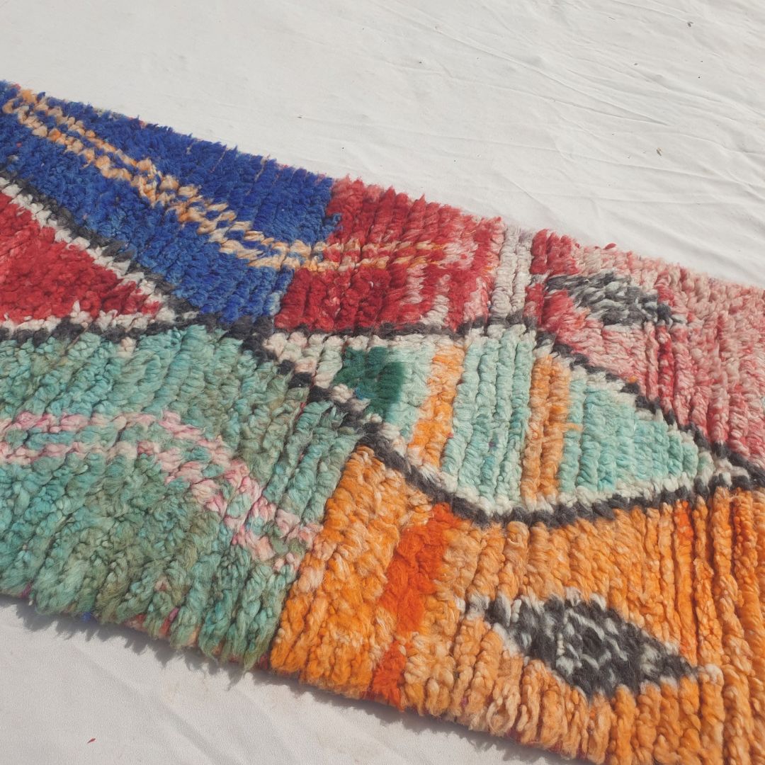 Hayada - Bold Color-Block Moroccan Runner Rug with a Spine of Five Black-Outlined Diamonds on Blue, Orange, Red and Mint Fields - Handwoven Berber Carpet | 2'2"x10'3" Ft | 66x312 cm - OunizZ