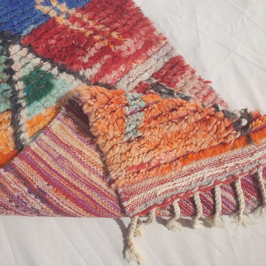 Hayada - Bold Color-Block Moroccan Runner Rug with a Spine of Five Black-Outlined Diamonds on Blue, Orange, Red and Mint Fields - Handwoven Berber Carpet | 2'2"x10'3" Ft | 66x312 cm - OunizZ