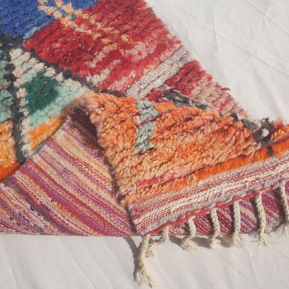 Hayada - Bold Color-Block Moroccan Runner Rug with a Spine of Five Black-Outlined Diamonds on Blue, Orange, Red and Mint Fields - Handwoven Berber Carpet | 2'2"x10'3" Ft | 66x312 cm - OunizZ