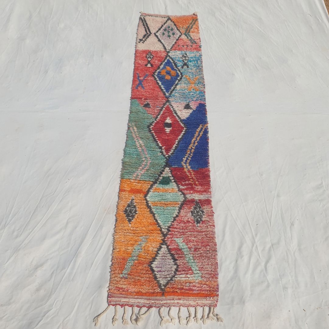 Hayada - Bold Color-Block Moroccan Runner Rug with a Spine of Five Black-Outlined Diamonds on Blue, Orange, Red and Mint Fields - Handwoven Berber Carpet | 2'2"x10'3" Ft | 66x312 cm - OunizZ