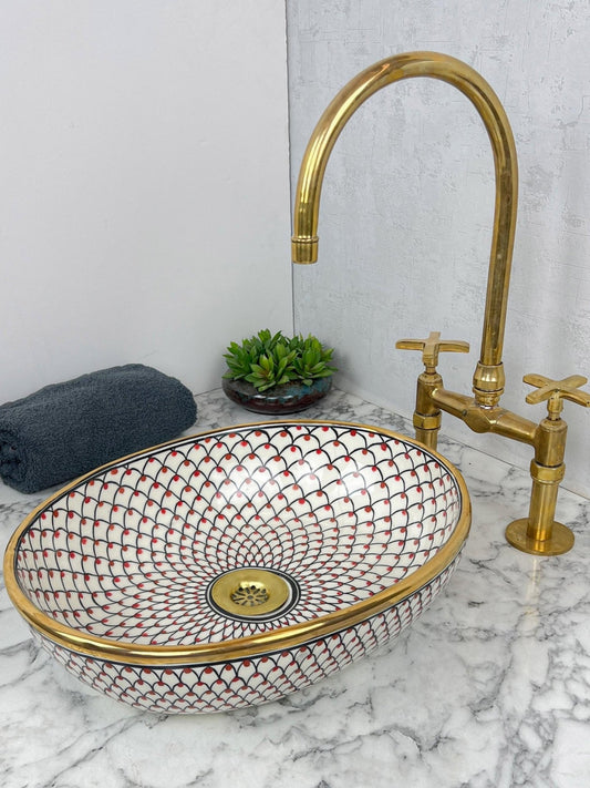 Imilchil - Handmade Oval Bathroom Sink With Brass Rim – Elegant, Customizable, and Lead - Free - (ETMMT) - OunizZ