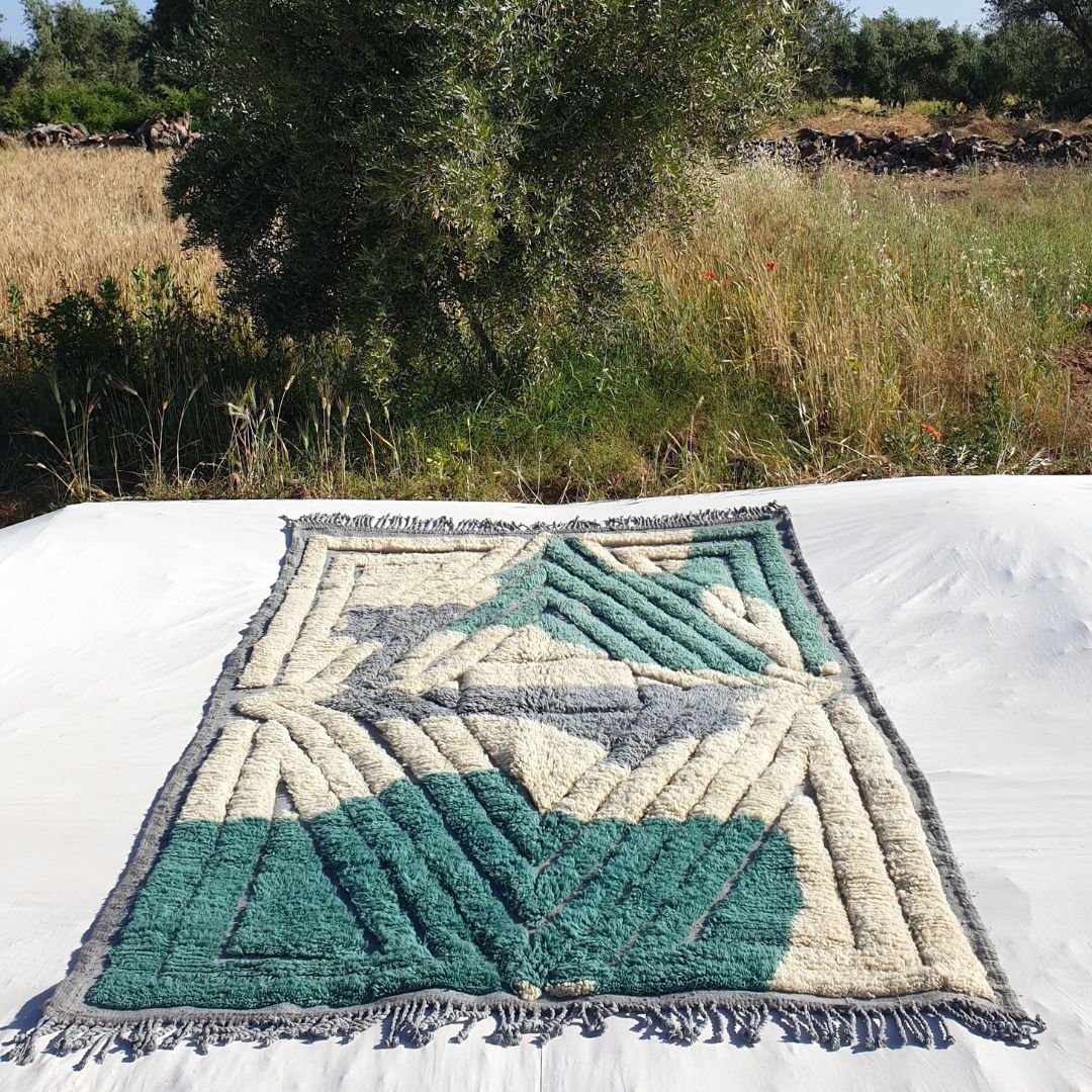 Imitaz | Off-White Green Moroccan Rug 6x9 Beni Ourain Ultra Soft | 6'66x9'65 Ft | 203x294 cm - OunizZ