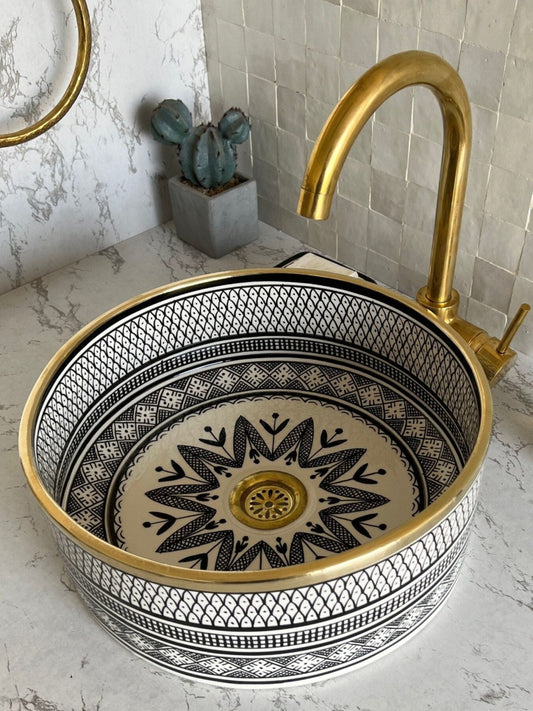 Istanbul - Handmade Moroccan Ceramic Sink – Black and White With Brass Rim Elegant Bathroom Vessel Sink - (ESEN) - OunizZ