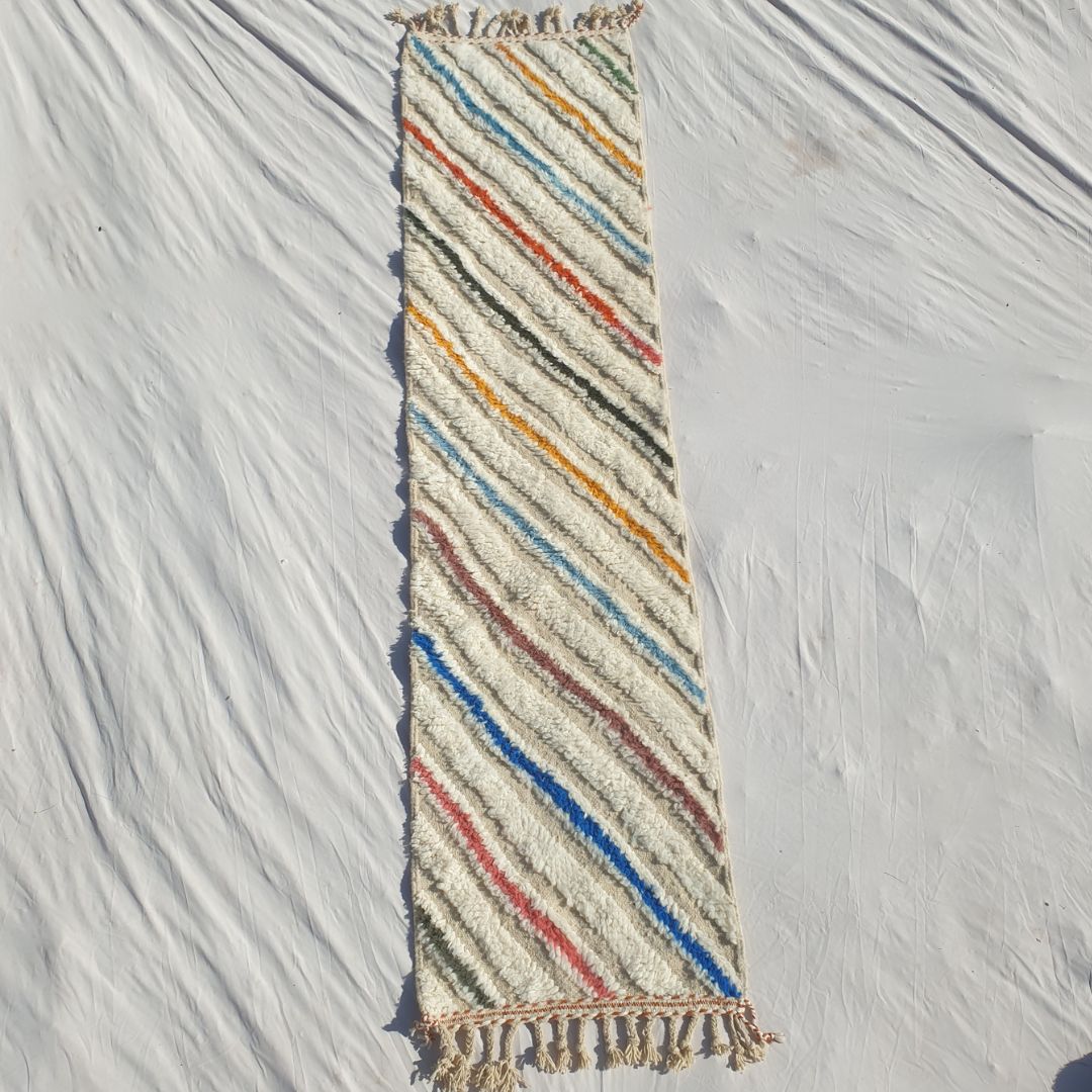 Jonat - White Beni Ourain Runner Rug - Multicolor Diagonal Stripe Moroccan Berber Hallway Carpet | 2'4"x9'8" Ft | 73x296 cm - OunizZ