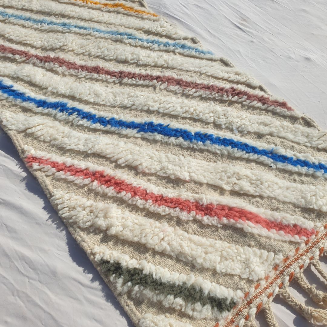 Jonat - White Beni Ourain Runner Rug - Multicolor Diagonal Stripe Moroccan Berber Hallway Carpet | 2'4"x9'8" Ft | 73x296 cm - OunizZ