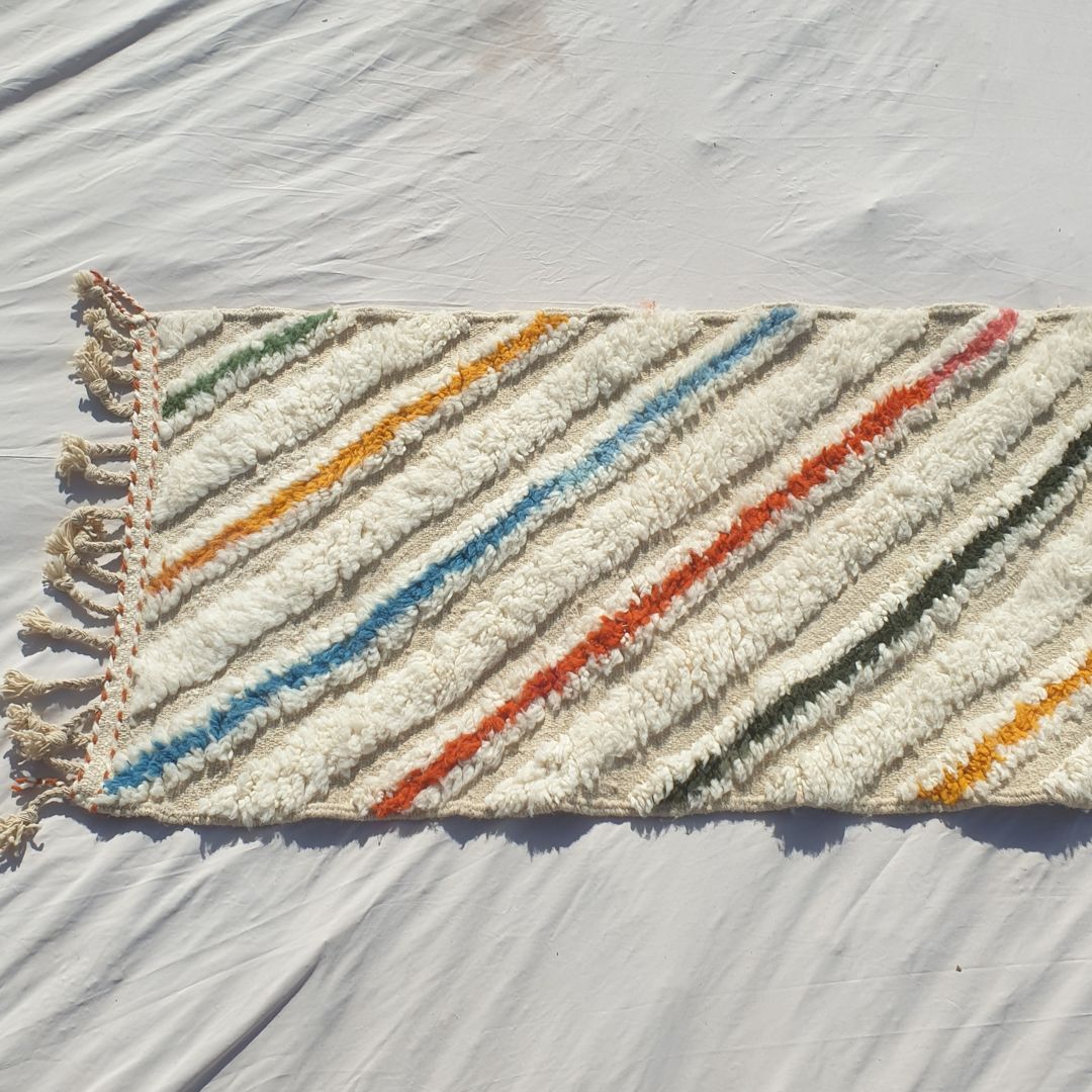 Jonat - White Beni Ourain Runner Rug - Multicolor Diagonal Stripe Moroccan Berber Hallway Carpet | 2'4"x9'8" Ft | 73x296 cm - OunizZ