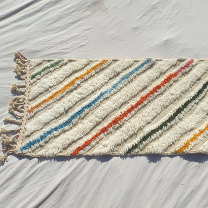 Jonat - White Beni Ourain Runner Rug - Multicolor Diagonal Stripe Moroccan Berber Hallway Carpet | 2'4"x9'8" Ft | 73x296 cm - OunizZ