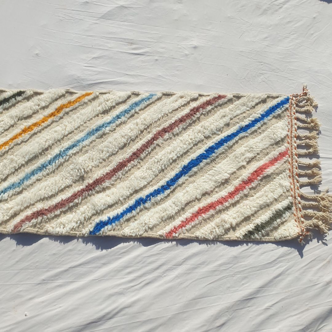 Jonat - White Beni Ourain Runner Rug - Multicolor Diagonal Stripe Moroccan Berber Hallway Carpet | 2'4"x9'8" Ft | 73x296 cm - OunizZ