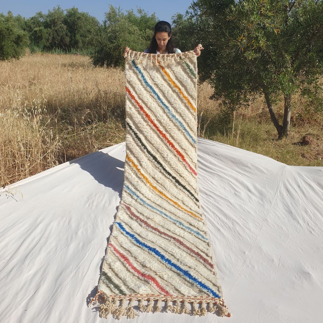 Jonat - White Beni Ourain Runner Rug - Multicolor Diagonal Stripe Moroccan Berber Hallway Carpet | 2'4"x9'8" Ft | 73x296 cm - OunizZ