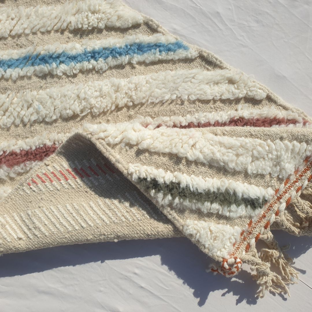 Jonat - White Beni Ourain Runner Rug - Multicolor Diagonal Stripe Moroccan Berber Hallway Carpet | 2'4"x9'8" Ft | 73x296 cm - OunizZ