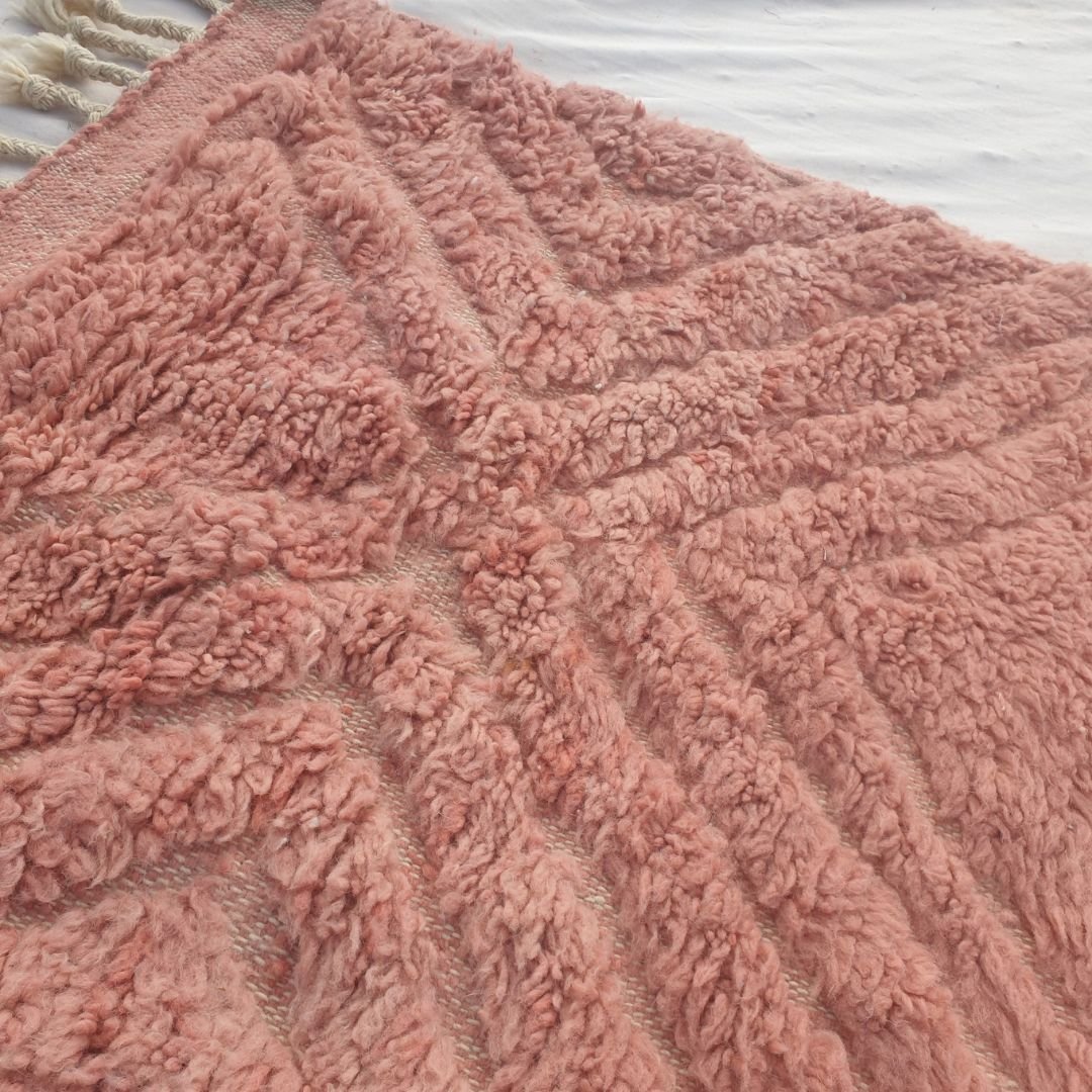 Karisa - Terracotta Rose Pink Beni Ourain Runner Rug - Diagonal Carved Diamond Relief Moroccan Berber Hallway Carpet | 2'10"x10'8" Ft | 88x325 cm - OunizZ