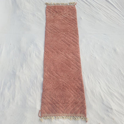 Authentic Beni Ourain Moroccan runner rug 88x325 cm laid flat - rich saturated terracotta rose pink wool with a diagonal carved diamond relief pattern running the full length, a bold colour statement runner handwoven in Morocco by Beni Ourain Berber women