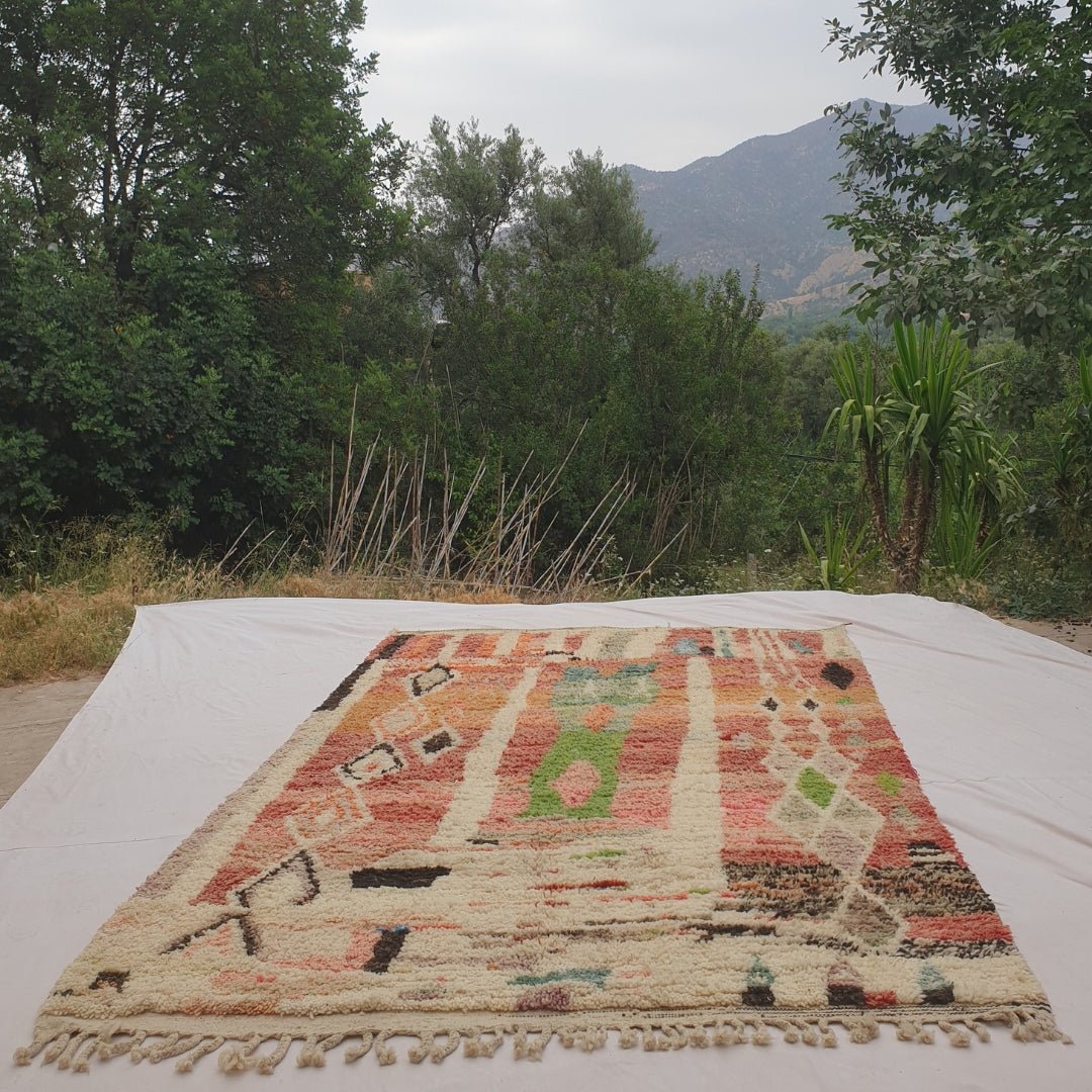 Katwa - Red Moroccan Rug with Bold Vertical Cream Column Design - Handwoven Berber Carpet | 6'4"x9'10" Ft | 193x301 cm - OunizZ