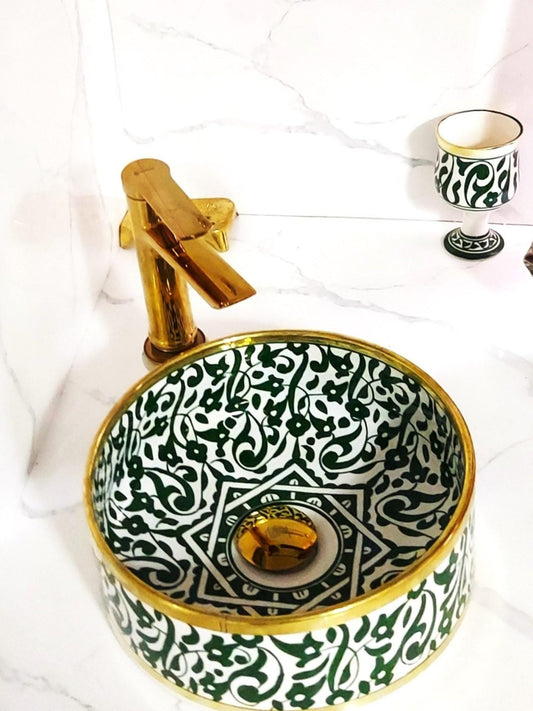 Kenitra - Green Round Bathroom Sink with Brass Rim – Elegant, Hand - painted, Customizable, and Lead - Free - (ETAFS) - OunizZ