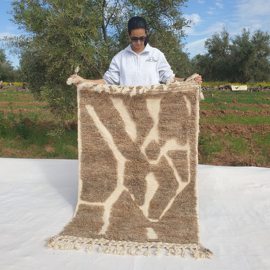 khala | 3x5 Beni Ourain Rug - Super Soft Beige Plush Shag with Cream Geometric Pattern | 3'5"x5'3" Ft | 106x160 cm - OunizZ