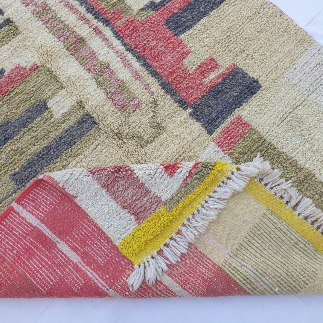 Khazo – 6x10 Moroccan Rug – Ivory Olive Architectural Boujad Berber Handwoven Wool Carpet with Yellow Border | 6'4"x10'3" Ft | 193x313 cm - OunizZ