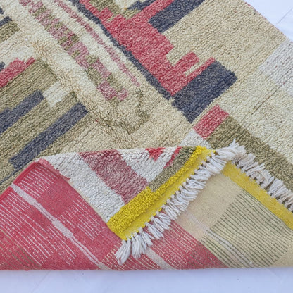 Khazo – 6x10 Moroccan Rug – Ivory Olive Architectural Boujad Berber Handwoven Wool Carpet with Yellow Border | 6'4"x10'3" Ft | 193x313 cm - OunizZ