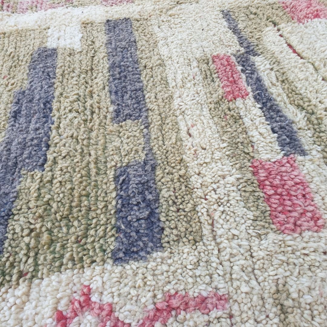 Khazo – 6x10 Moroccan Rug – Ivory Olive Architectural Boujad Berber Handwoven Wool Carpet with Yellow Border | 6'4"x10'3" Ft | 193x313 cm - OunizZ