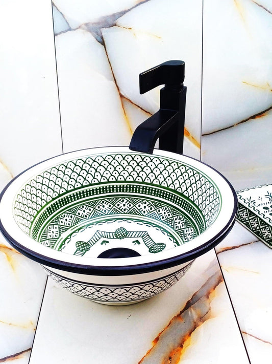 Khenifra - Green Hand - painted Ceramic Bathroom Sink Vanity – Elegant, Customizable and Lead - Free - (ETAFS) - OunizZ