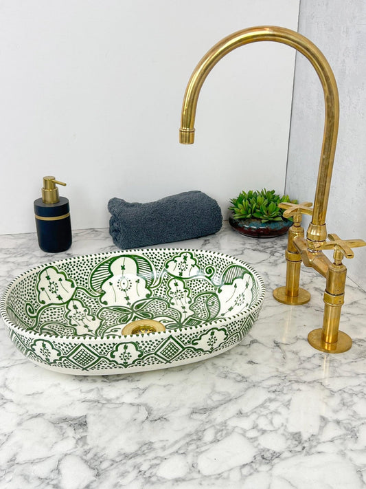 Khouribga - Green Oval Bathroom Sink – Elegant, Handmade, Customizable, and Lead - Free - (ETMMT) - OunizZ