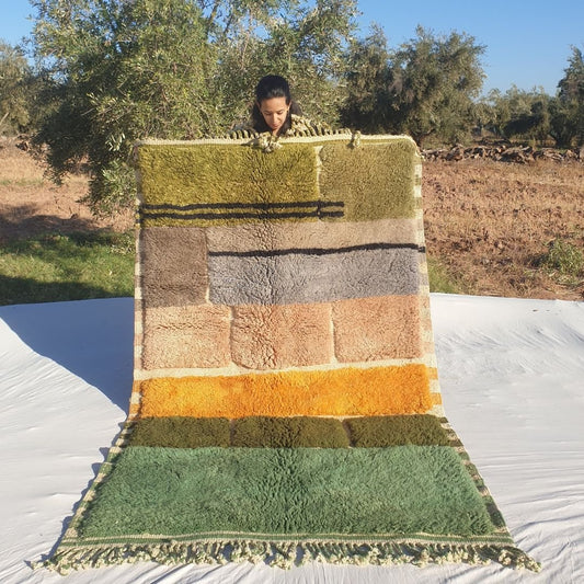 Kitia - 5x8 Olive Green Moroccan Shag Rug - Luxury Beni Mrirt Wool Rug | 5'08x8'17 ft - 155x249 cm - OunizZ