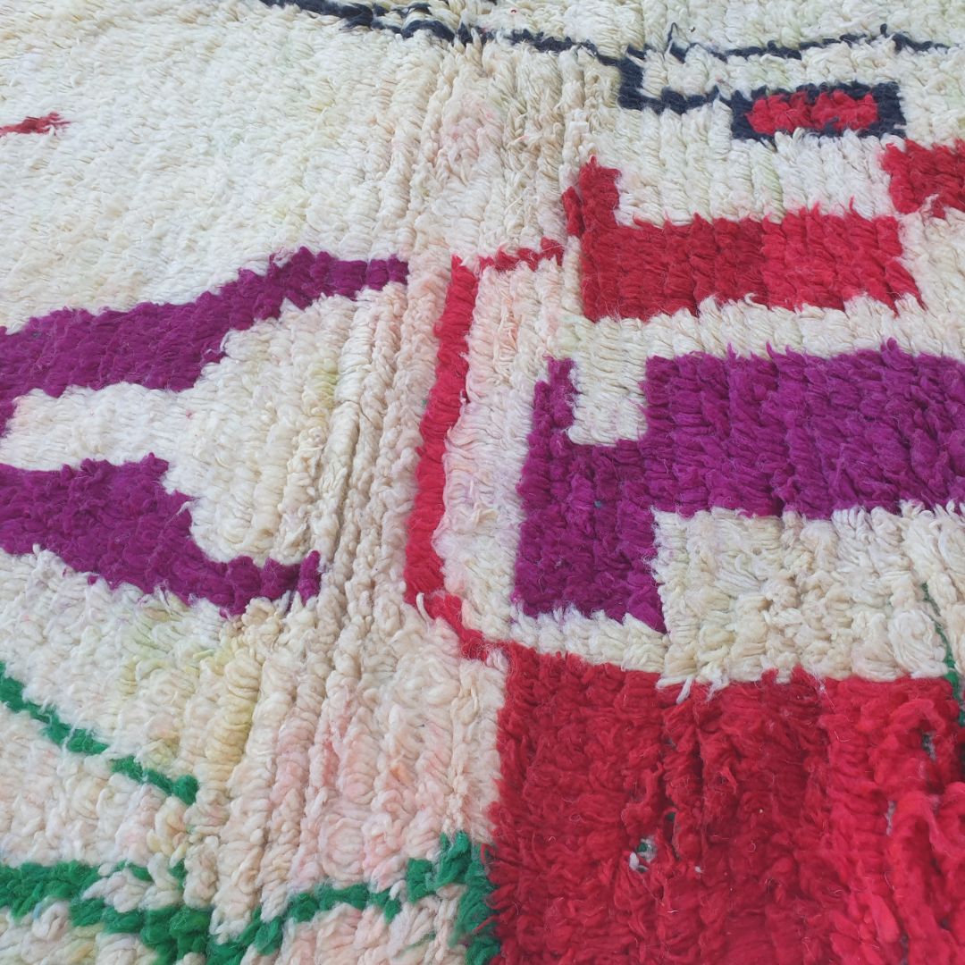 Laaqo – 6x10 Moroccan Rug – Ivory Boujad Berber Handwoven Wool Carpet with Black Tree & Colourful Tribal Shapes | 6'3"x10'1" Ft | 191x308 cm - OunizZ