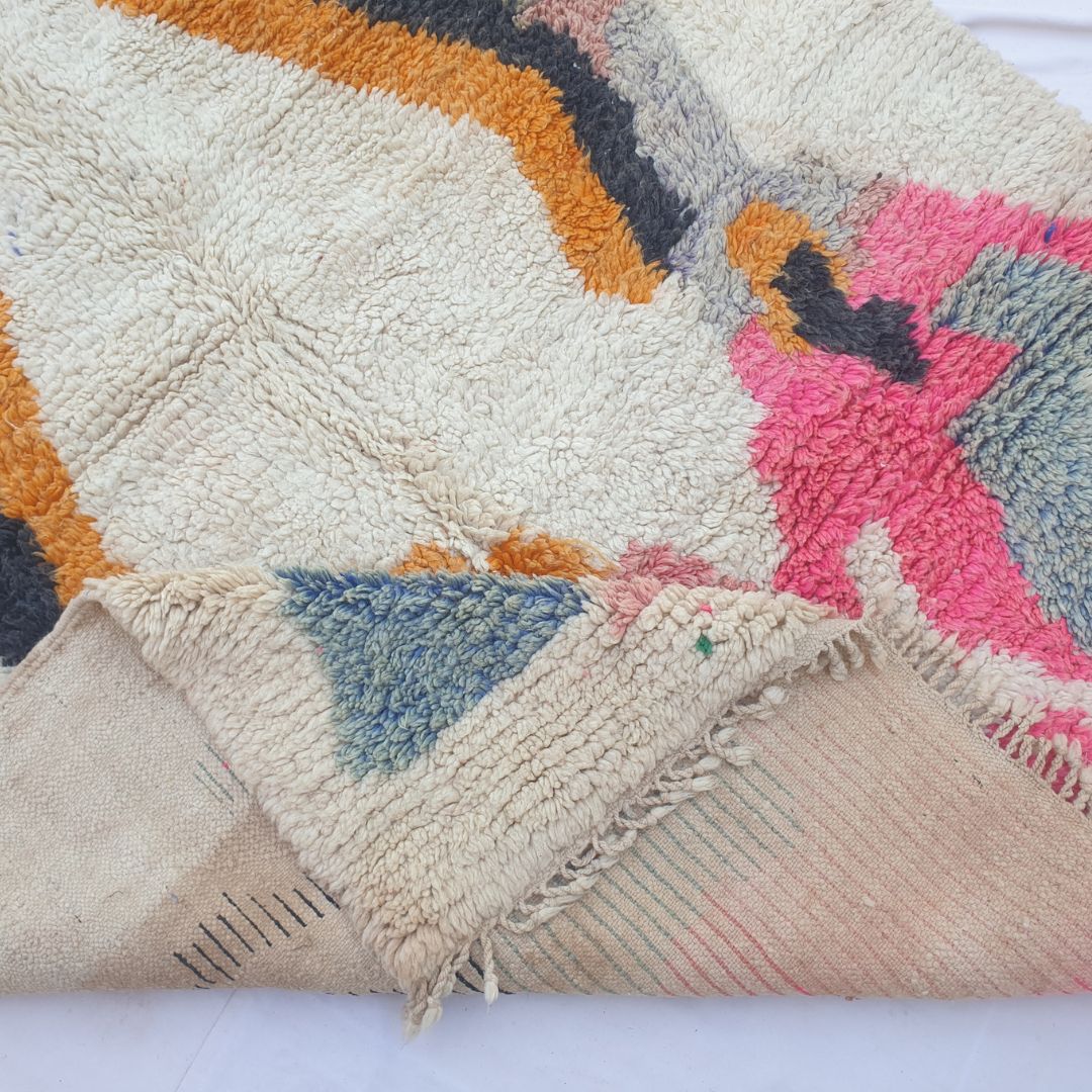 Lahca – 6x9 Moroccan Rug – Ivory Boujad Berber Handwoven Wool Carpet with Orange Lightning Zigzag & Bold Abstract Shapes | 6'7"x9'9" Ft | 202x298 cm - OunizZ