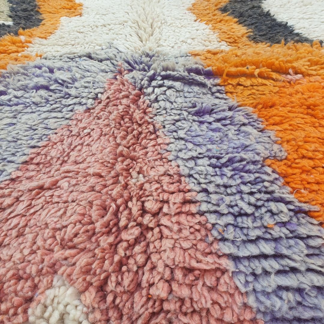 Lahca – 6x9 Moroccan Rug – Ivory Boujad Berber Handwoven Wool Carpet with Orange Lightning Zigzag & Bold Abstract Shapes | 6'7"x9'9" Ft | 202x298 cm - OunizZ
