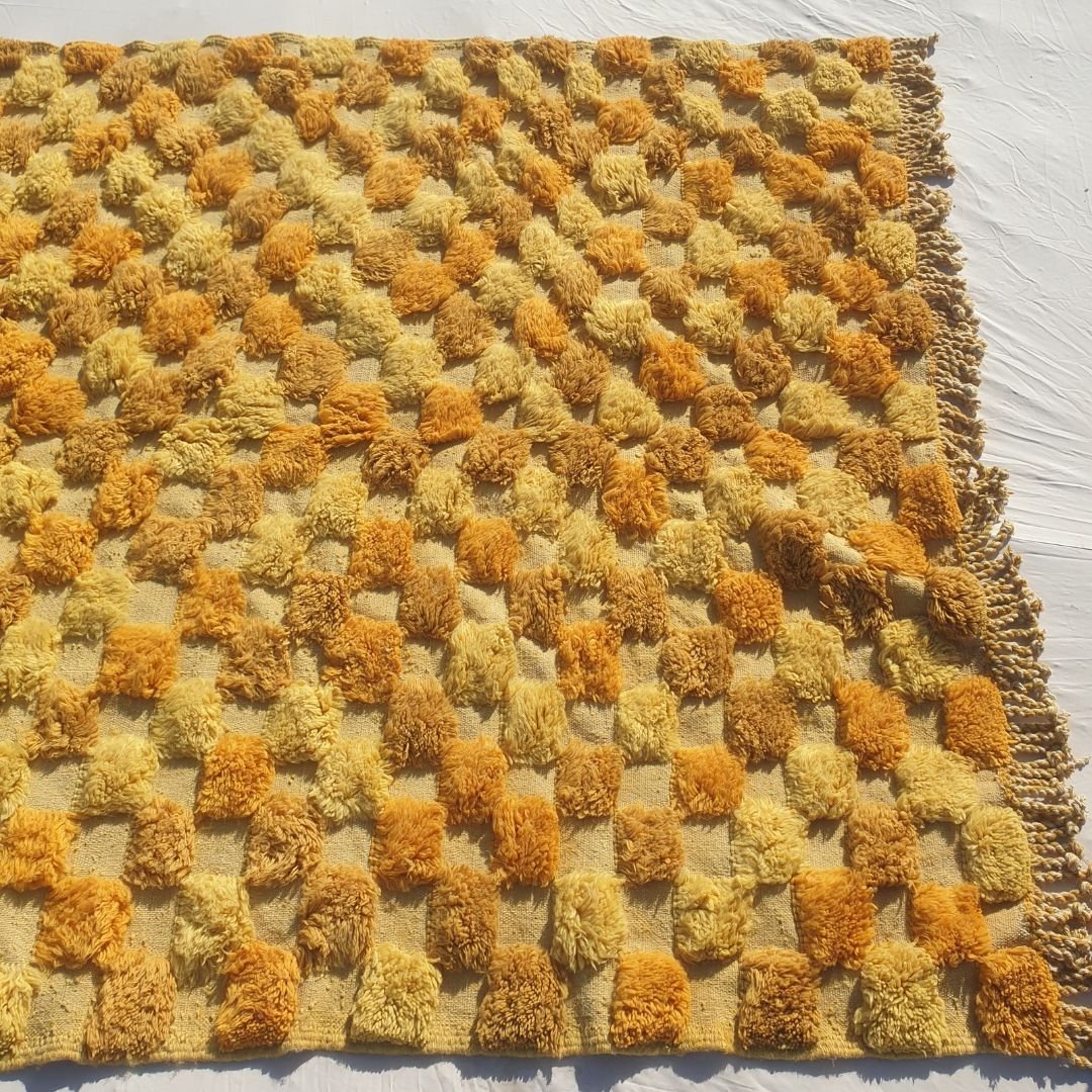Lamane | Luxurious Golden Yellow 6x9 Moroccan Rug Plush Beni Mrirt Ultra Soft | Authentic Berber wool Beni Rug | 6'63x9'71 Ft | 202x296 cm - OunizZ