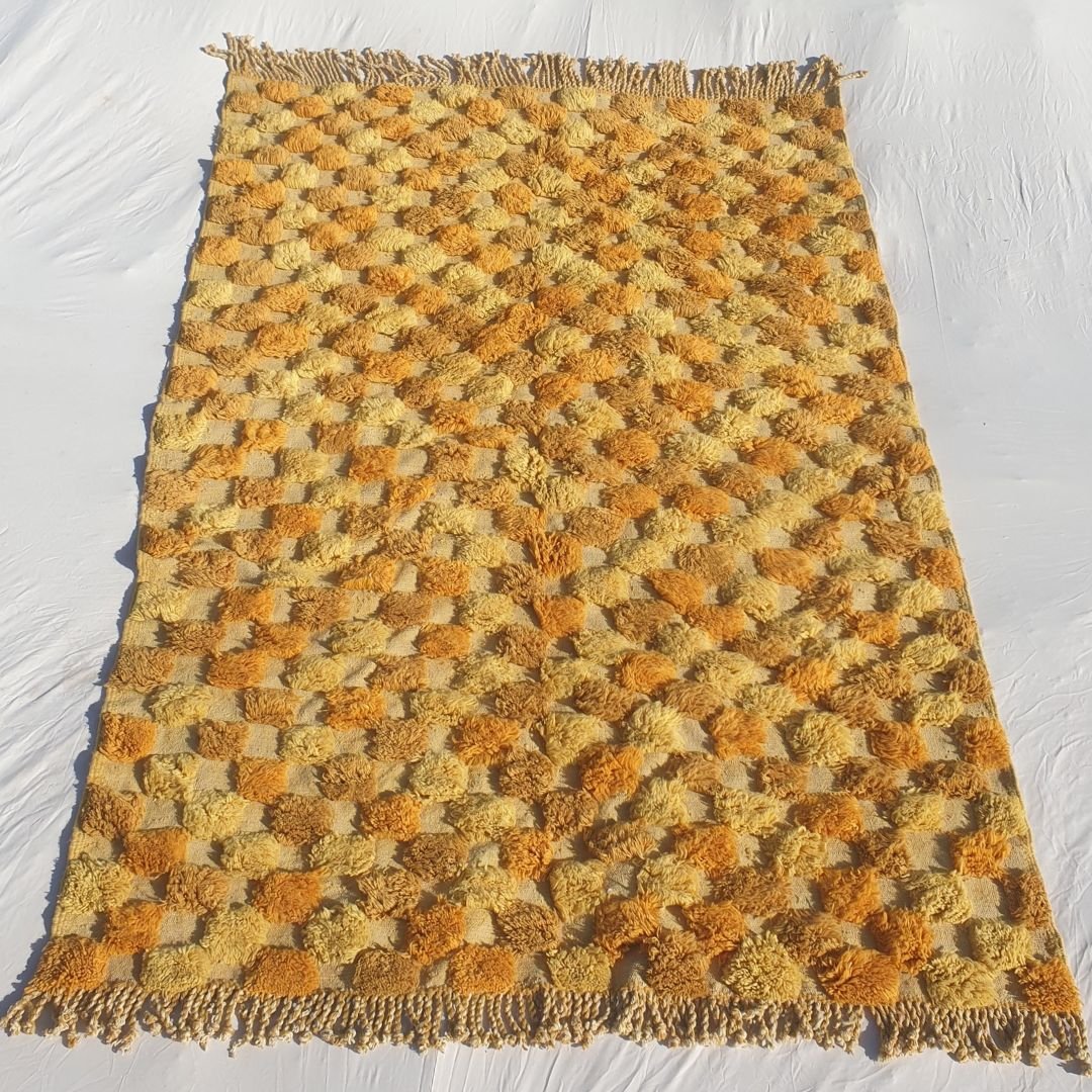 Lamane | Luxurious Golden Yellow 6x9 Moroccan Rug Plush Beni Mrirt Ultra Soft | Authentic Berber wool Beni Rug | 6'63x9'71 Ft | 202x296 cm - OunizZ