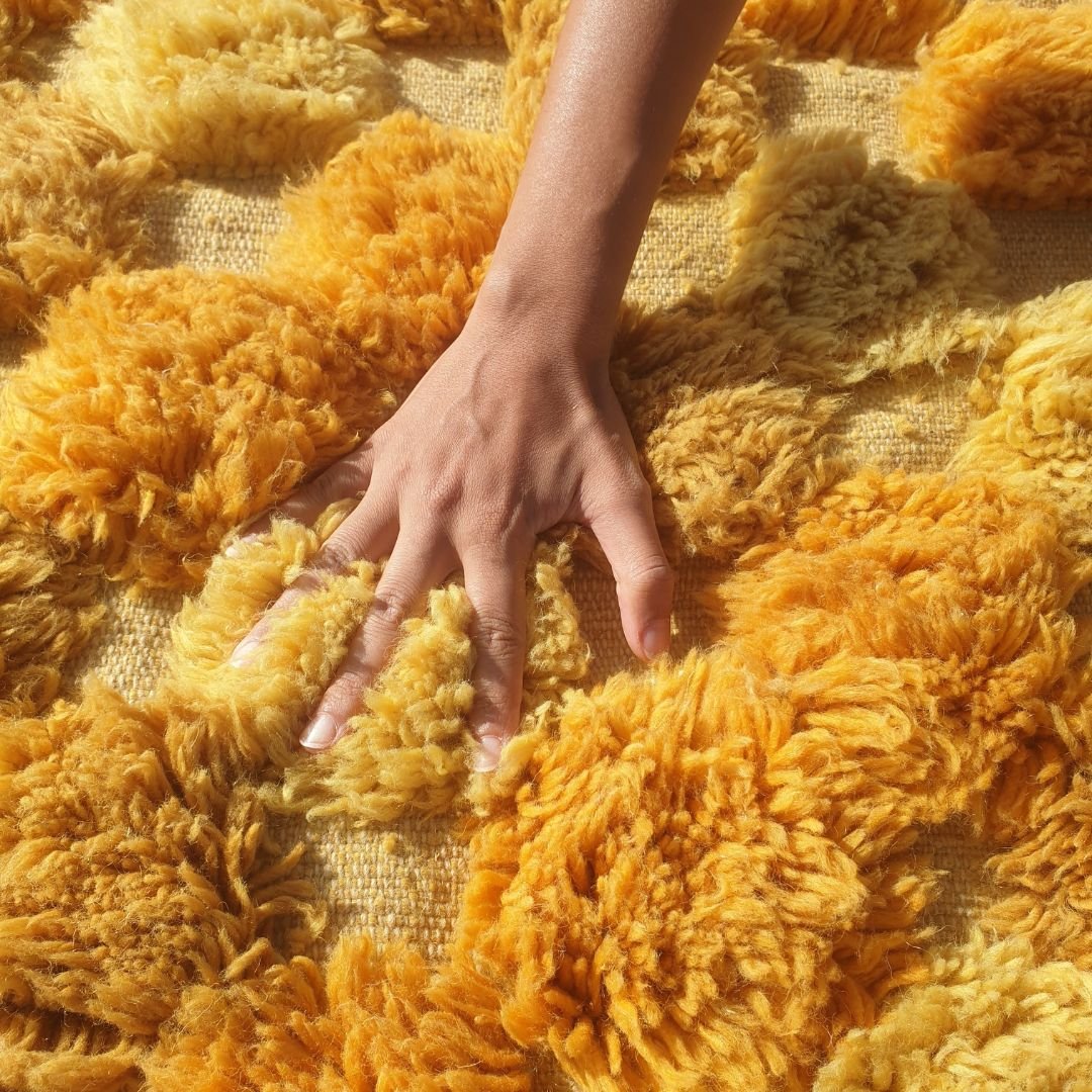 Lamane | Luxurious Golden Yellow 6x9 Moroccan Rug Plush Beni Mrirt Ultra Soft | Authentic Berber wool Beni Rug | 6'63x9'71 Ft | 202x296 cm - OunizZ