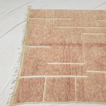 Latfa - Dusty Rose Beni Ourain Rug with Minimalist Ivory Line Grid - Handwoven Berber Carpet | 6'8"x9'8" Ft | 203x296 cm - OunizZ