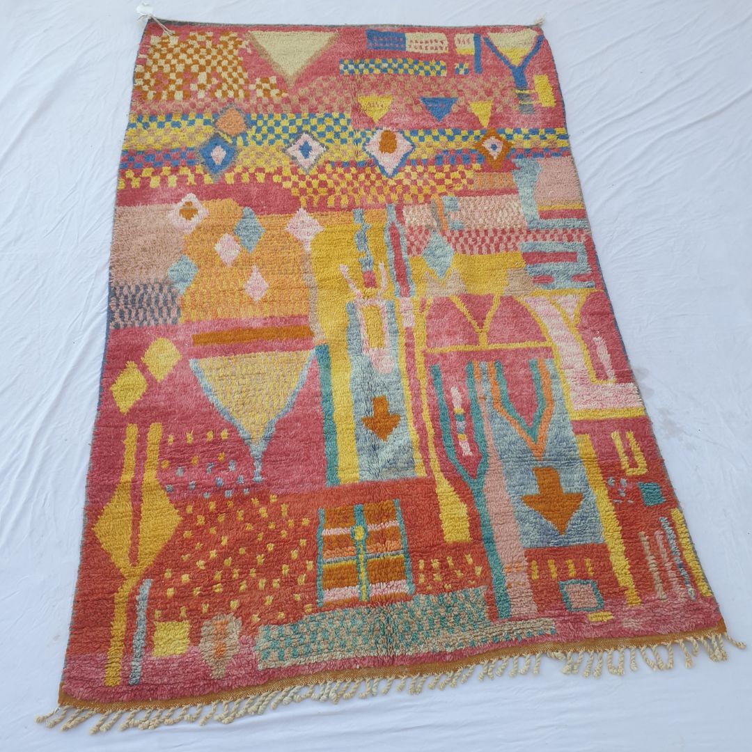 Layba - Playful Pink Yellow Boujad Rug 6x10 ft - Vibrant Handwoven Moroccan Berber Abstract Area Rug for Boho Living | 6'30x10'30 Ft | 192x314 cm - OunizZ