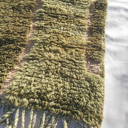Lonya | Handmade Beni Mrirt Runner Rug 2x10 ft – Plush Olive Green & Pastel Pink Abstract Shag Moroccan Wool Hallway Runner | 2'8"x10'2" Ft | 82x309 cm - OunizZ