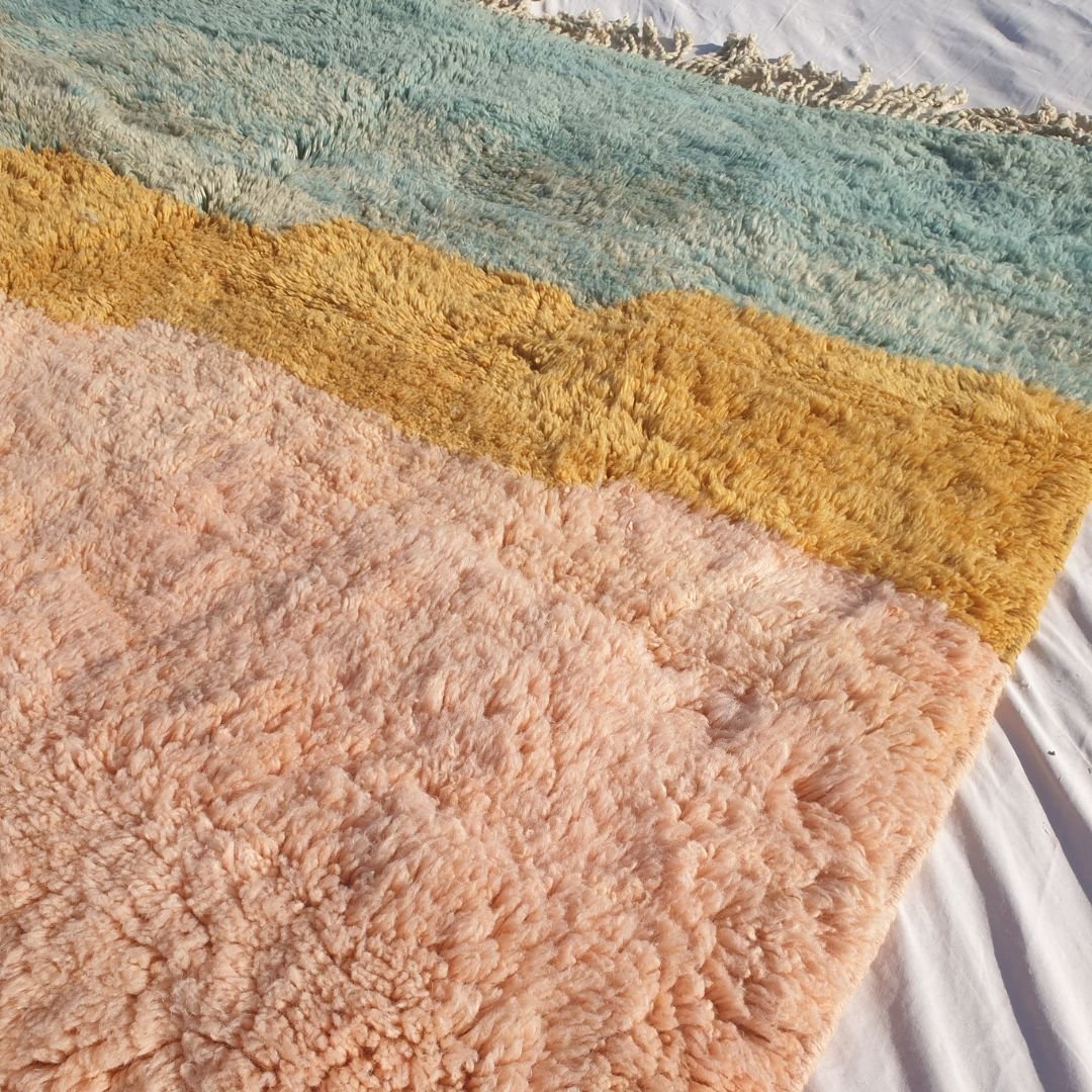 Luvme - Luxurious 6x10 Moroccan Rug - Plush Beni Mrirt Salmon Teal Abstract Color Block Handwoven Wool Carpet | 6'7"×10' Ft | 201×304 cm - OunizZ