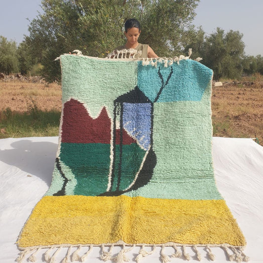 Malnacha - Mint & Yellow Abstract Beni Ourain Rug with Camel Motif and Lantern Figure - Handwoven Berber Carpet | 5'3"x7'8" Ft | 160x236 cm - OunizZ