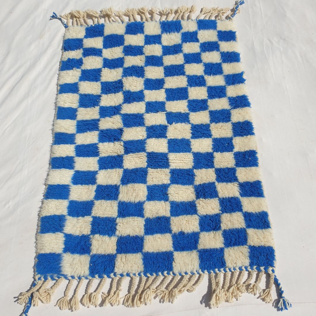 Marjana | Beni Ourain Moroccan Rug 3x5 ft Cobalt Blue Checkered | 3'44x5'12 Ft | 105x156 cm - OunizZ