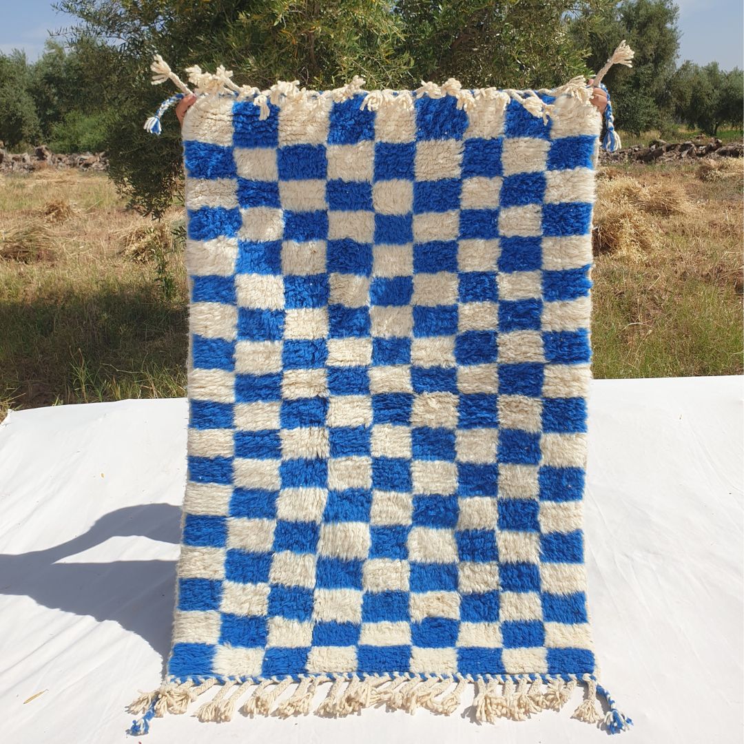 Marjana | Beni Ourain Moroccan Rug 3x5 ft Cobalt Blue Checkered | 3'44x5'12 Ft | 105x156 cm - OunizZ